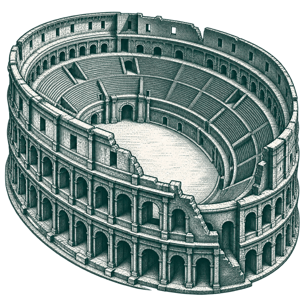 An empty stepped amphitheater built around a vacant center.