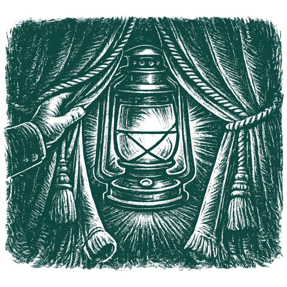 A hand draws back a heavy curtain to reveal a lit lantern.