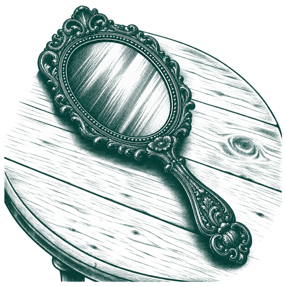A speaker mid-gesture holding a hand mirror up to their own face.